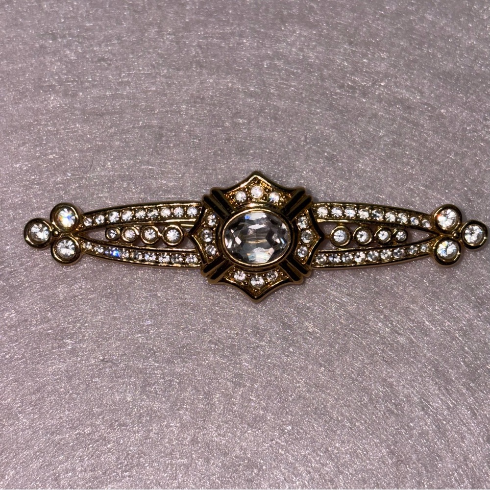 Vintage Swarovski Gold Toned Brooch Lapel Pin Art Deco  Style Classic 3”x.75”
